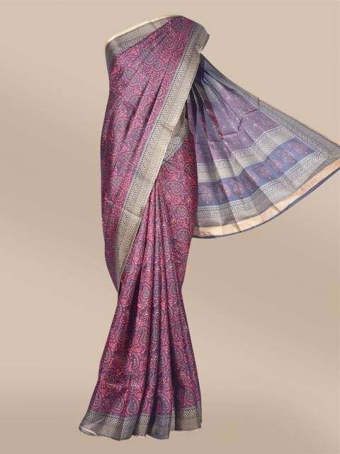 

The Chennai Silks Maroon & Grey Floral Printed Fusion Khadi Saree