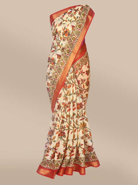 

The Chennai Silks Beige & Red Floral Fusion Bhagalpuri Saree