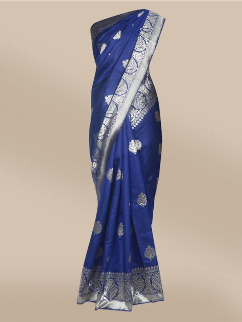 

The Chennai Silks Navy Blue & Silver-Toned Ethnic Motifs Zari Art Silk Fusion Banarasi Saree