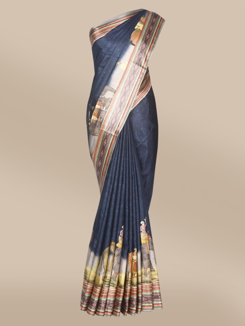 

The Chennai Silks Navy Blue & Brown Ethnic Motifs Printed Poly Crepe Fusion Saree