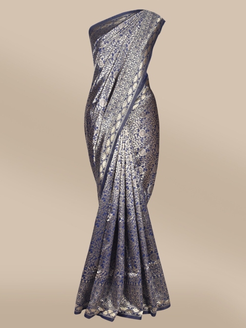 

The Chennai Silks Navy Blue & Silver-Toned Floral Zari Art Silk Fusion Banarasi Saree