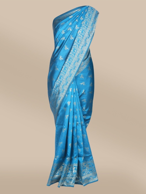 

The Chennai Silks Blue & Silver-Toned Ethnic Woven Design Art Silk Banarasi Fusion Saree