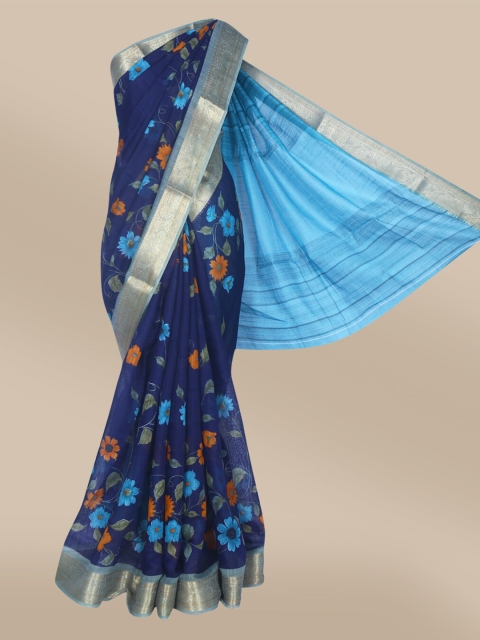 

The Chennai Silks Navy Blue & Gold-Toned Floral Printed Linen Blend Fusion Saree