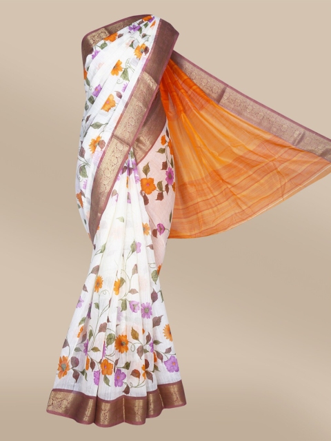 

The Chennai Silks White & Orange Floral Zari Linen Blend Fusion Saree