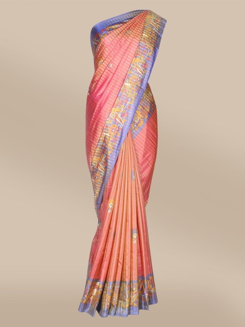 

The Chennai Silks Pink & Blue Ethnic Motifs Printed Polyester Fusion Saree