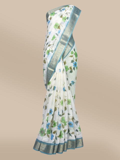 

The Chennai Silks White & Green Floral Printed Zari Linen Blend Saree
