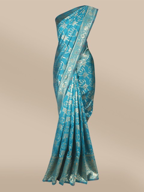 

The Chennai Silks Turquoise Blue & Gold Floral Printed Art Silk Banarasi Saree