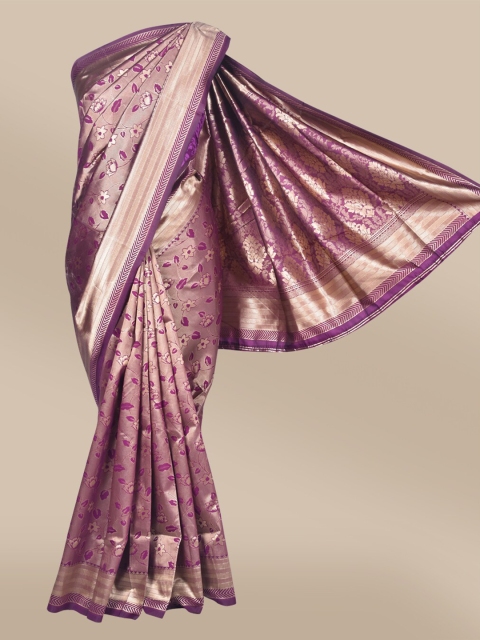 

The Chennai Silks Violet & Gold-Toned Floral Zari Art Silk Fusion Banarasi Saree