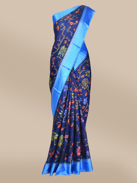 

The Chennai Silks Navy Blue & Orange Floral Brasso Fusion Saree