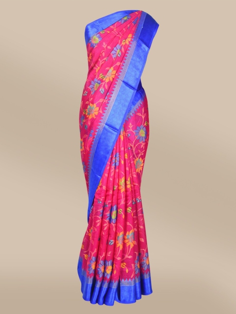 

The Chennai Silks Pink & Blue Floral Printed Brasso Saree