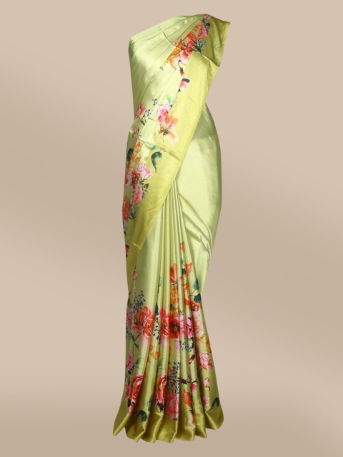 

The Chennai Silks Lime Green & Pink Floral Satin Saree