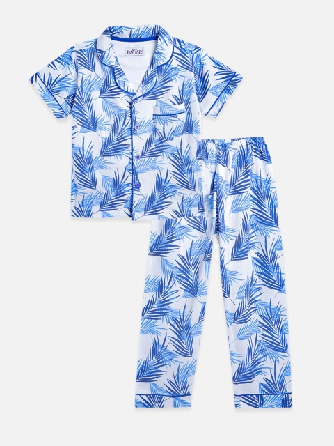 

Nite Flite Unisex Kids Off White & Blue Tropical Printed Pure Cotton Pyjama Set