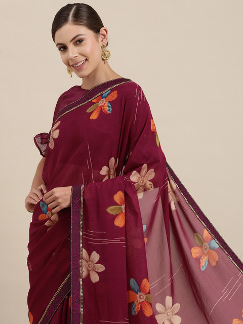 

SIRIL Maroon Floral Pure Georgette Saree