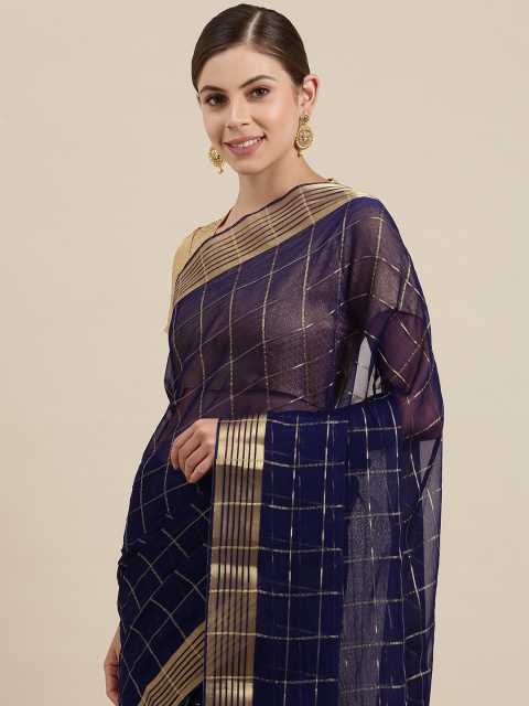 

SIRIL Navy Blue & Gold-Toned Checked Zari Saree