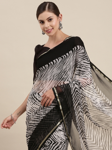 

SIRIL White & Black Abstract Printed Zari Saree