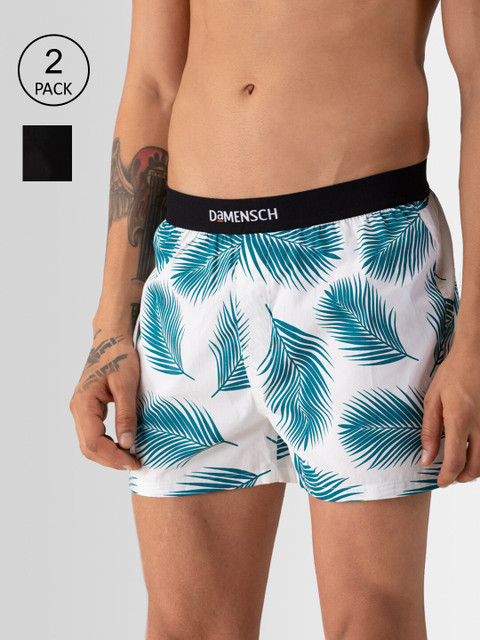 

DAMENSCH Men Pack Of 2 Printed Pure Cotton Boxers DAM-ASP-SBX-TUW-CAB-PACK-2-MIX, White
