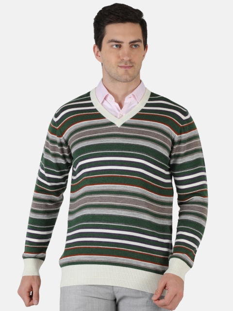 

Monte Carlo Men Green & Grey Striped Wool Pullover