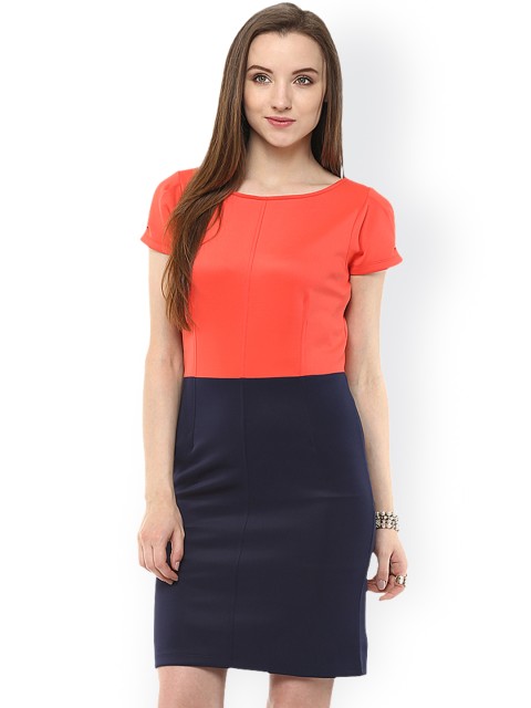 

Zima Leto Women Coral Red & Navy Colourblock Bodycon Dress