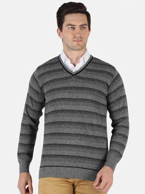 

Monte Carlo Men Grey & Black Striped Printed Full Sleeves Wool Blend Pullover