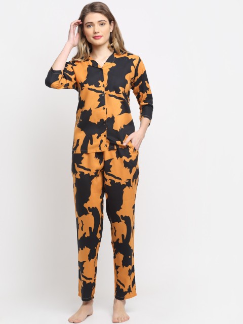 

Boston Club Women Orange & Black Abstract Printed Cotton Night Suits