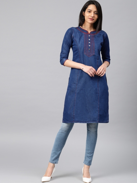 

Saadgi Women Blue Solid Denim Kurta