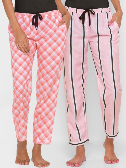 

FashionRack Women Pink Set Of 2 Printed Cotton Lounge Pants