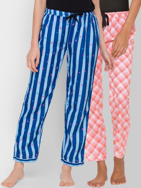 

FashionRack Women Pack Of 2 Navy Blue & Pink Striped Regular Fit Cotton Lounge Pants