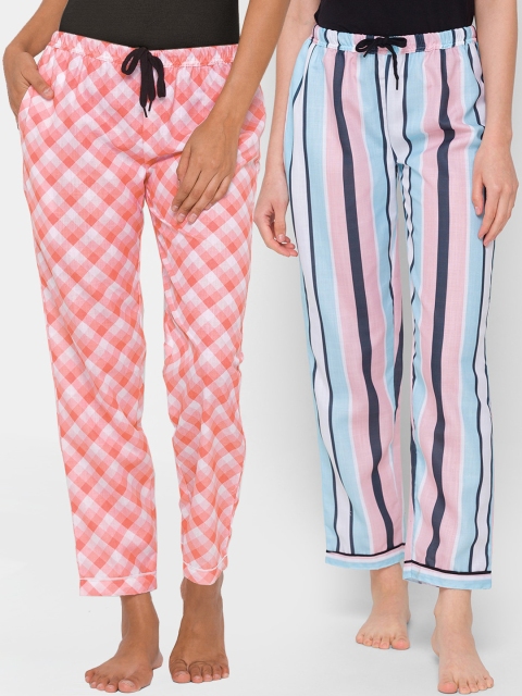 

FashionRack Women Pack Of 2 Pink & Blue Striped Regular Fit Cotton Lounge Pants