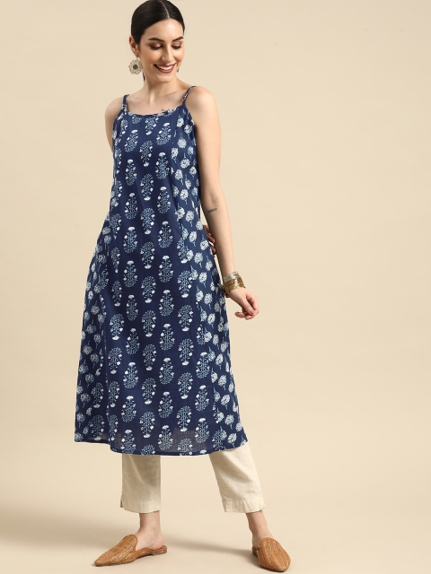 

Anouk Women Navy Blue & White Ethnic Motifs Printed Pure Cotton A-Line Kurta