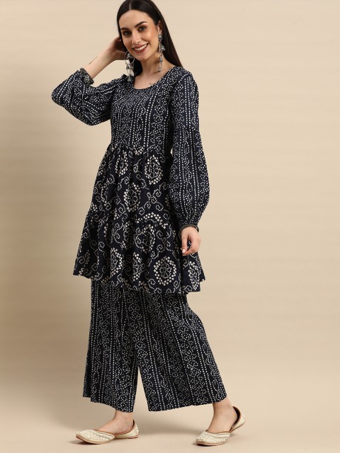 

Anouk Women Navy Blue Bandhani Printed Pure Cotton Kurta with Palazzos