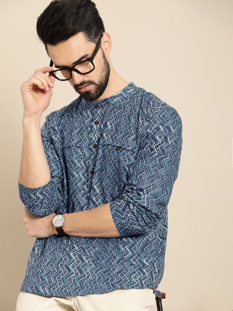 

Anouk Men Blue & White Chevron Printed Kurta