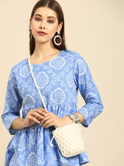 

Anouk Blue & White Bandhani Print Casual Peplum Top