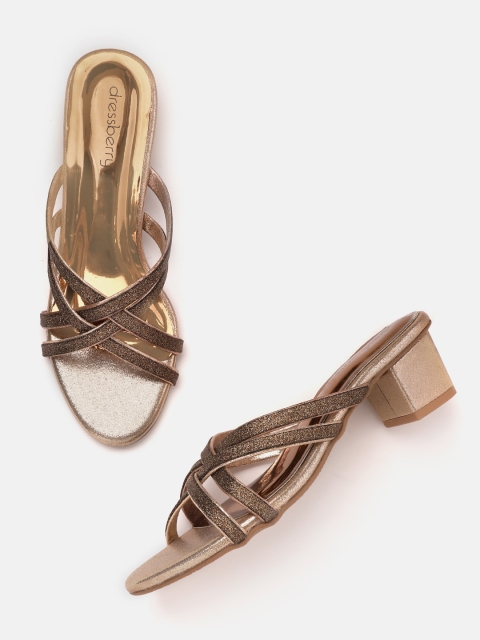 

DressBerry Bronze-Toned & Rose Gold-Toned Shimmer Criss-Cross Block Heels