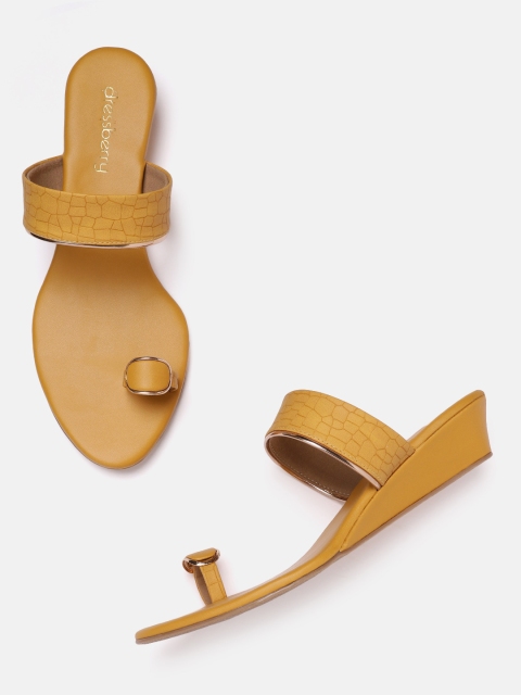 

DressBerry Mustard Yellow Croc Textured One Toe Wedges