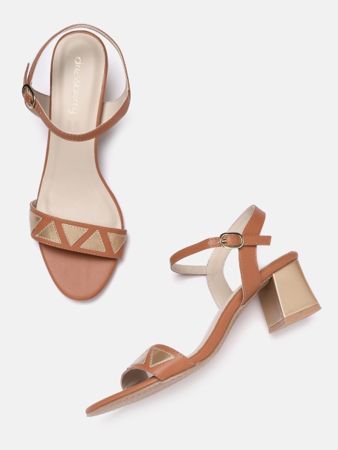 

DressBerry Tan Brown & Gold-Toned Geometric Applique Block Heels