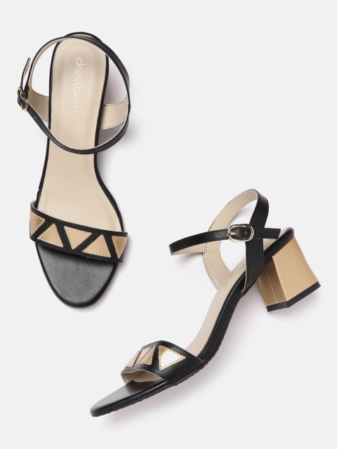 

DressBerry Women Black & Gold-Toned Geometric Applique Block Heels