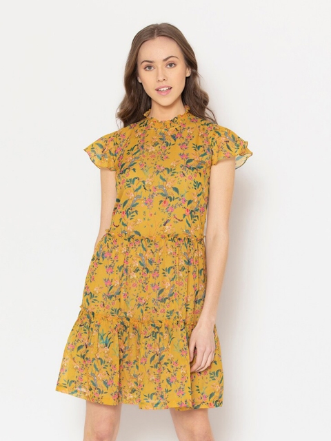 

SHAYE Yellow Floral High Neck Chiffon Tiered Dress