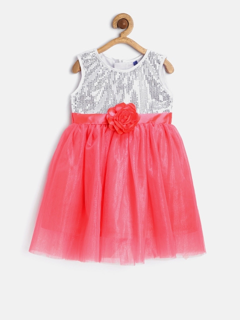 

YK Girls Coral Pink Net Fit & Flare Dress
