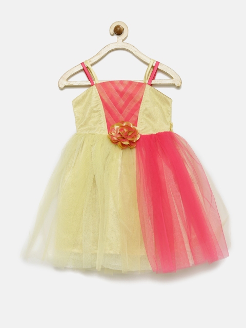 

YK Girls Gold-Toned & Pink Colourblocked Fit & Flare Dress
