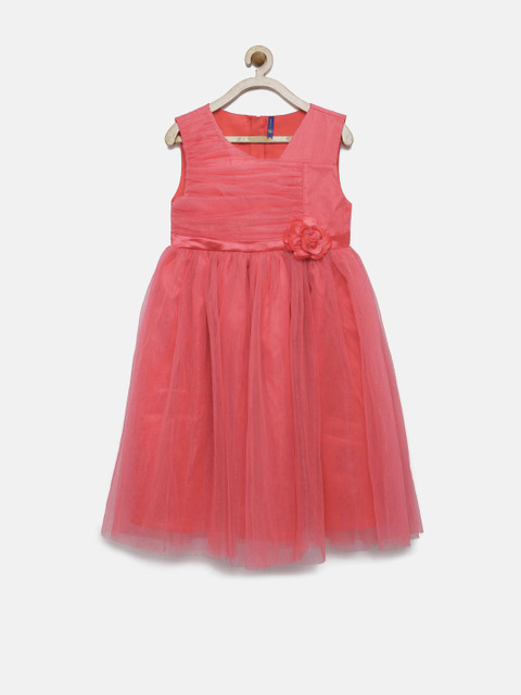 

YK Girls Coral Pink Solid Fit & Flare Dress