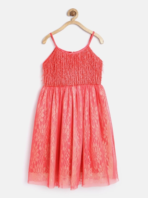 

YK Girls Coral Red Net Fit & Flare Dress