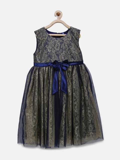 

YK Girls Navy & Antique Gold-Toned Shimmery Fit & Flare Dress, Navy blue