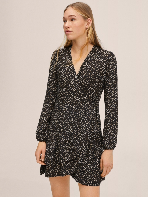 

Mango Kids Girls Black & Beige Ditsy Abstract Print Mini Wrap Dress with Tie-Ups