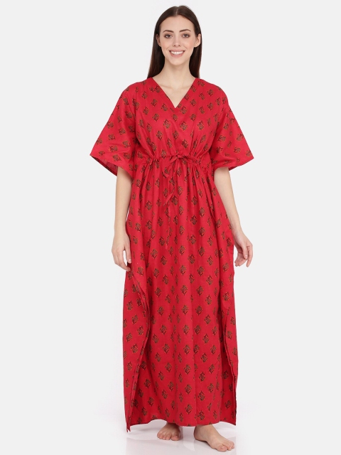 

9shines Label Women Red & Green Floral Printed Kaftan Nightdress