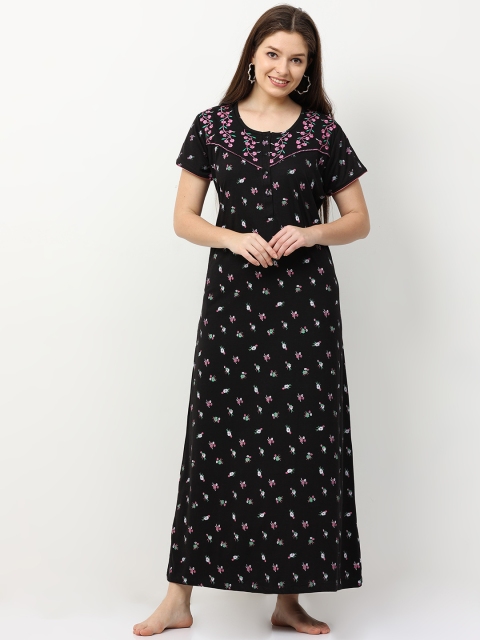

9shines Label Women Black Printed Embroidered Maxi Nightdress