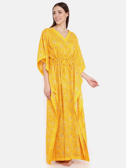 

9shines Label Yellow Floral Printed Kaftan Maxi Nightdress