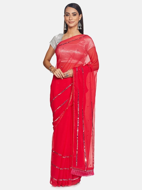 

IVOC Pink & Blue Embellished Mirror Work Saree