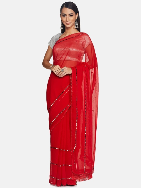 

IVOC Red & Silver-Toned Embellished Plain Weave Saree
