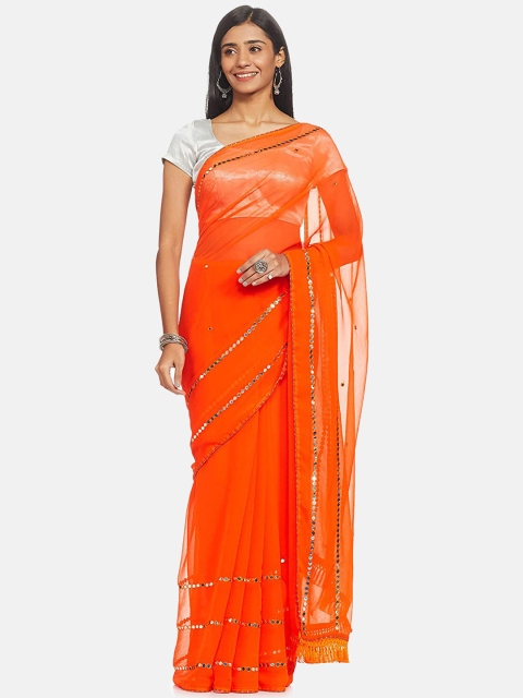 

IVOC Orange & Gold-Toned Embellished Mirror Work Polyester Saree