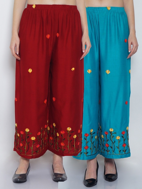 

Jinfo Women Pack Of 2 Maroon & Blue Embroidered Flared Palazzos